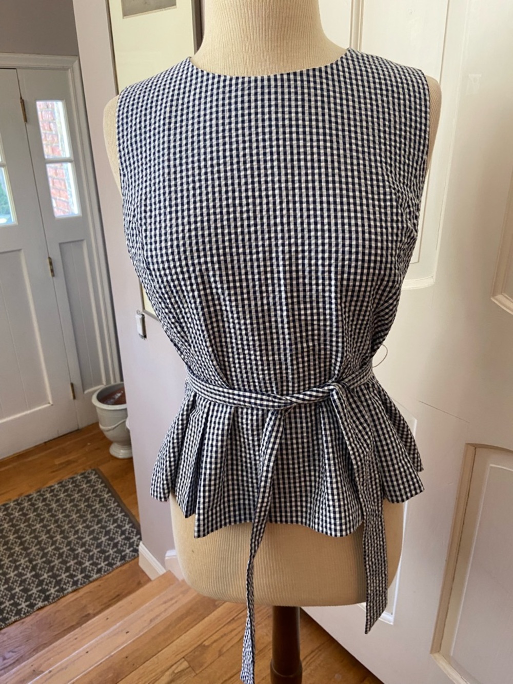 Nine West Navy and White Gingham Peplum Tie-Waist Top
